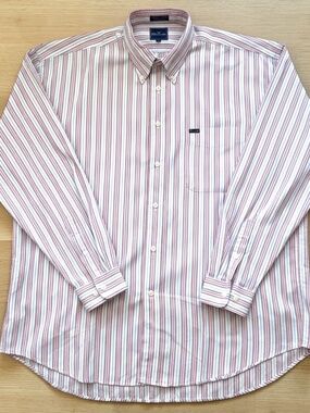 Faconnable Men's XXL White Blue Pink Vertical Stripe Button Down Cotton Shirt